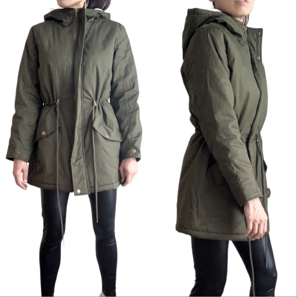 SHERPA LINED UTILITY PARKA JACKET COAT - DARK OLIVE GREEN - Picture 2 of 10